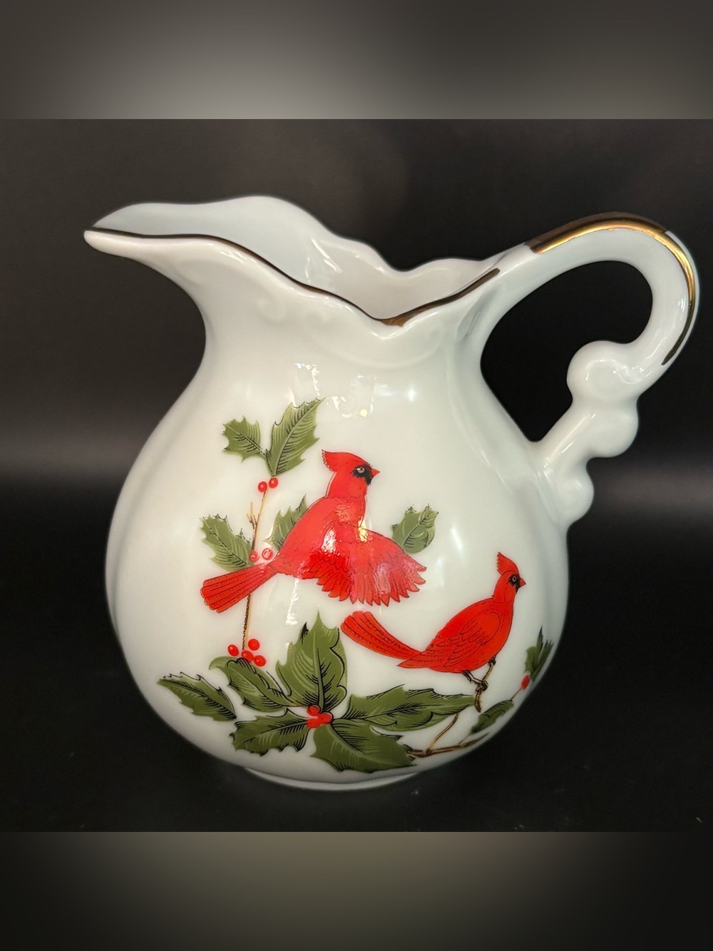 Vintage 1984 Lefton China Cardinal Holly Mini Pitcher Creamer 04545 Christmas